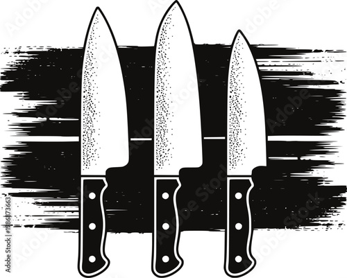 Chef knives arranged a textured black brush stroke background, knife kitchen cooking
