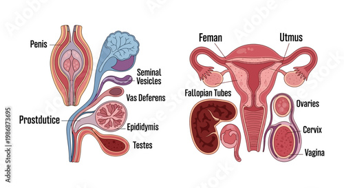 Anatomical illustration of human male and female reproductive systems