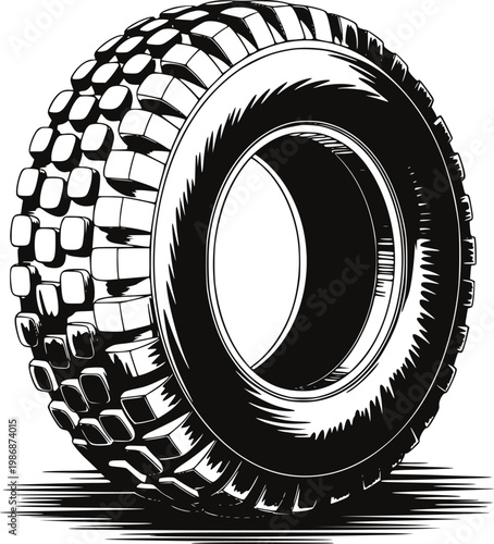 Detailed black and white of a rugged off-road tire a white background, wheel vehicle
