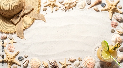 Summer beach border frame with sun hat and seashells on white sand. Tropical vacation background with cocktail for travel announcement. Concept of holiday leisure and relaxing relaxation.