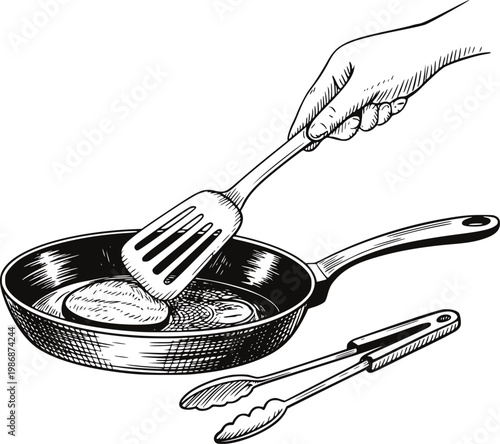 Hand using spatula to flip food in frying pan, kitchen tongs nearby, vintage cooking