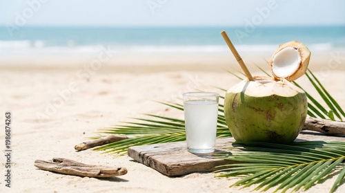Coconut with straw and glass of juice on wooden board at beach. Refreshing tropical fruit drink for summer vacation. Exotic beverage relaxation near ocean. Healthy refreshment concept.