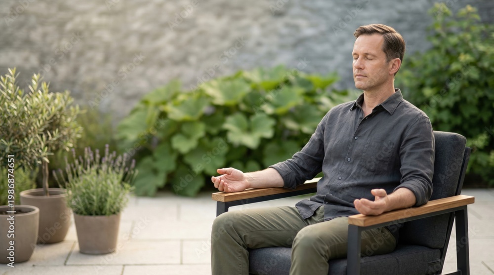 Fototapeta premium Man resting with eyes closed and palms on armrests shows structured outdoor calm mental reset and premium quiet luxury concept for lifestyle wellness and stock use daily