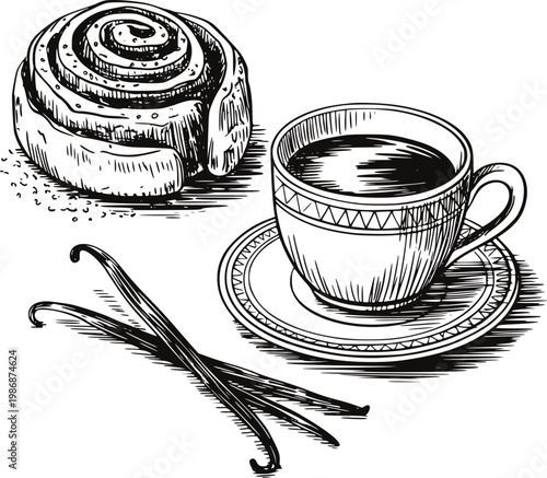 Hand-drawn of a cinnamon roll, coffee cup, and vanilla beans a white background pastry