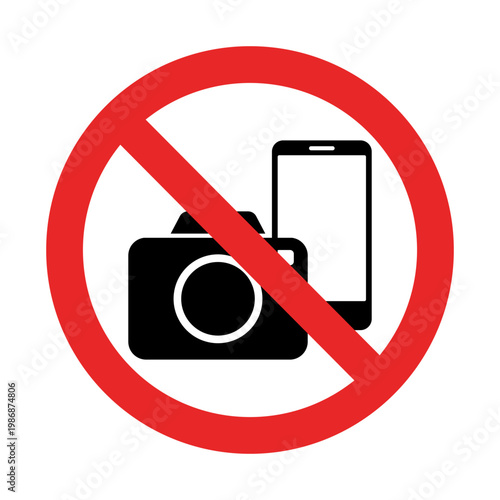 illustration Vector set of no phone and no camera symbols with black icons and red prohibition marks. Concept of restricted use, privacy, and security. Clean flat design isolated background.
