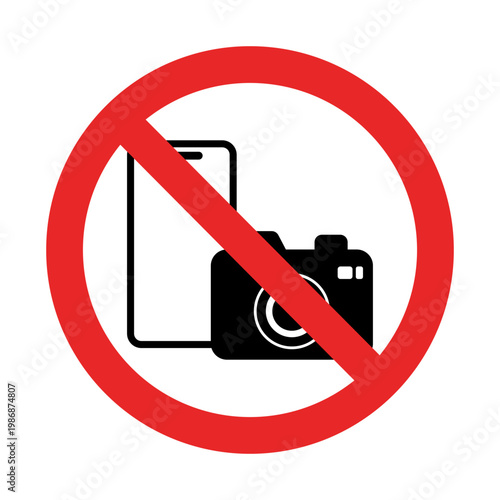 Vector set of no phone and no camera symbols illustration with black icons and red prohibition marks. Concept of restricted use, privacy, and security. Clean flat design isolated on light background.