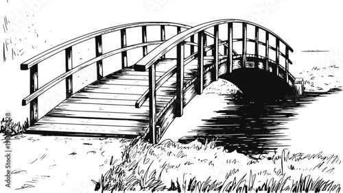 Hand-drawn of a wooden arched bridge over water with grassy banks
