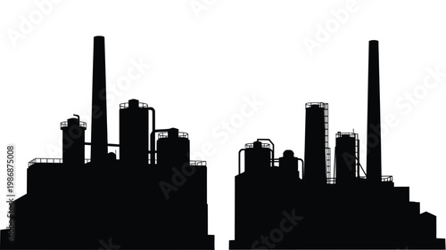 Industrial complex with smokestacks against a white background silhouette