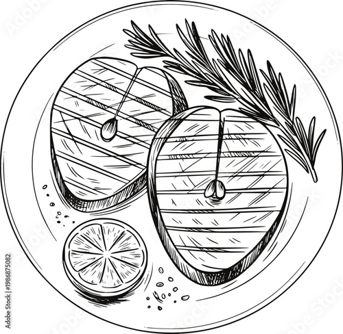 Hand-drawn of grilled fish steaks with lemon slice and rosemary a plate