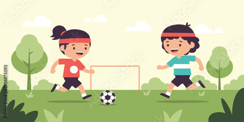 A group of happy cartoon kids and boys enjoy a fun game of soccer on the field, playing with a ball in a vibrant vector illustration of children competing as a team to score a goal