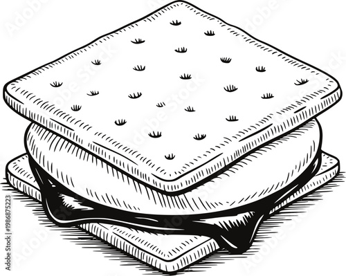 Hand-drawn s'mores sandwich with graham crackers, marshmallow, and chocolate white background