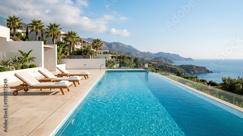 Infinity pool with lounge chair on terrace overlooking sea view. Modern resort architecture with ocean horizon. Luxury hotel outdoor recreation area during summer vacation travel destination.