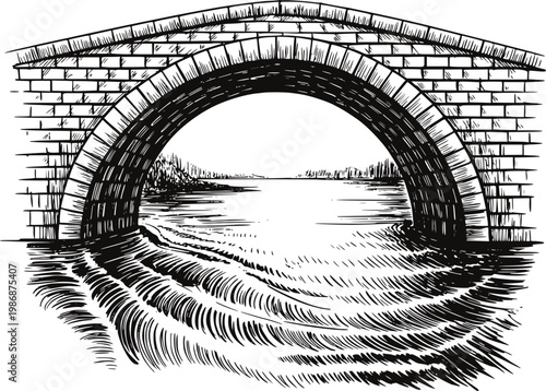 Hand-drawn stone arch bridge over water, vintage style river