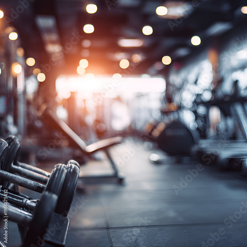 Blurred background of modern gym interior with fitness equipment and bright sunlight.