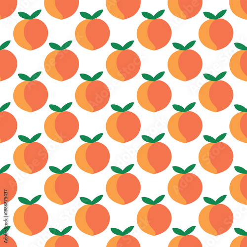 A colorful illustration of peaches arranged in a seamless pattern on a white background