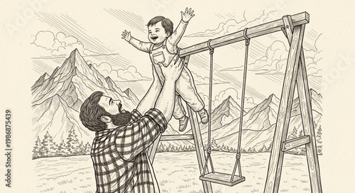 Father lifting child on swing in playful moment.