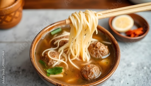 Bakso – Comfort Food Style. Indonesian bakso meatball soup with noodles and beef meatballs in clear broth, served in ceramic bowl, realistic food photography 2
