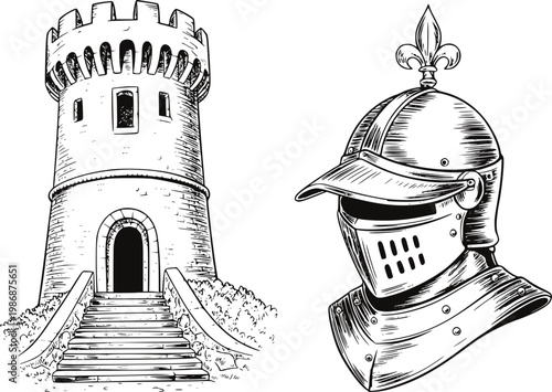 Medieval castle tower and knight's helmet, engraved style white background