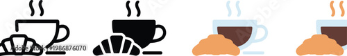 Coffee and croissant breakfast icon set featuring hot steaming mugs and French pastry silhouettes for cafe menus bakery marketing morning snacks and restaurant branding.