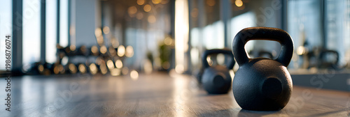 Kettlebells on a gym floor with blurred background.