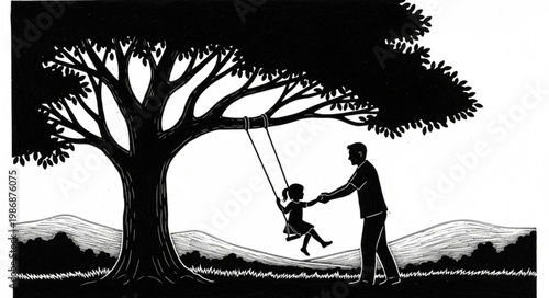 Father pushing child on swing playful parenting moment.