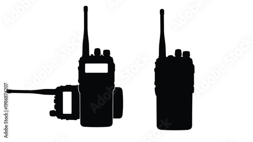 Two walkie talkies displayed against a white background silhouette