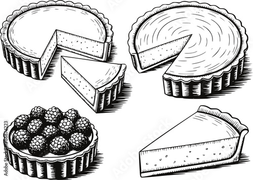 Vintage black and white of tarts and tart slices white background, dessert food sweet