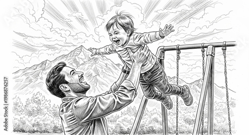 Father Lifting Son Playful Joyful Moment on Swing.