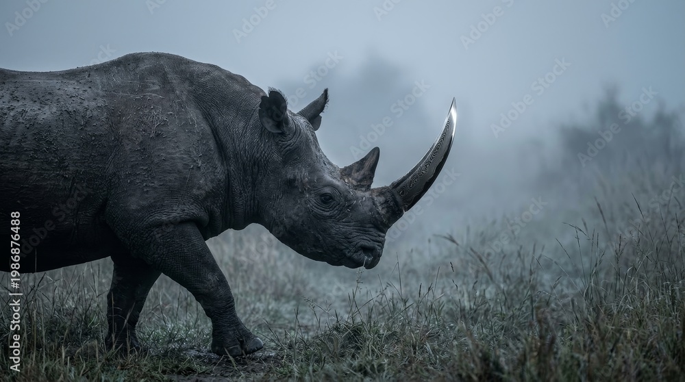 Obraz premium Black rhinoceros with blade horn emerging from mist dramatic wildlife fantasy concept
