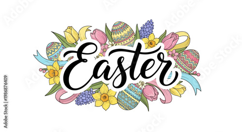 An Easter card design featuring festive typography and colorful Easter eggs illustrations, set amidst daffodils and tulips with pastel ribbons, creating a cheerful spring holiday greeting