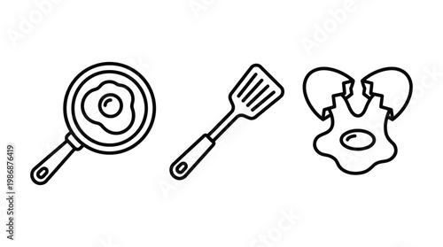 Fried egg in pan, spatula, broken egg outline on checkered background, cooking theme.