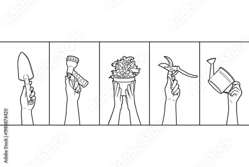 Gardening tools held by hands, illustration of planting and nature care on checkered.