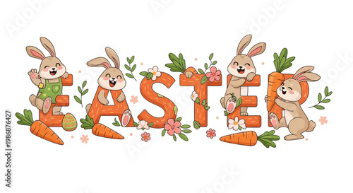 Illustrated Easter design features cartoon bunnies playfully interacting with carrot-themed typography spelling out the word "EASTER" against a clean white background, presenting a cheerful