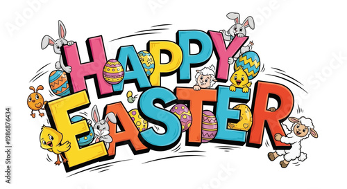 A cheerful Easter greeting card design with colorful typography and cartoon illustrations, featuring Easter eggs, bunnies, and chicks against a bright white background in a festive