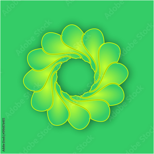 Glowing green petals curve inward, forming a radiant spiral of motion, symmetry, energy, nature, balance, depth, and modern abstract design