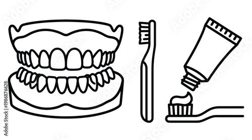 Dental hygiene icons: teeth, toothbrush and toothpaste on grid.