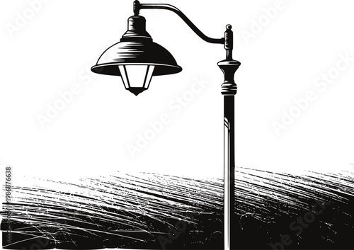 Vintage street lamp post with textured grass in black and white style light