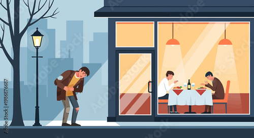 Illustration of a man feeling lonely while people dine inside a restaurant