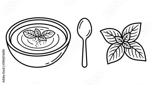 Healthy soup bowl with spoon and fresh basil leaves outline vector set.