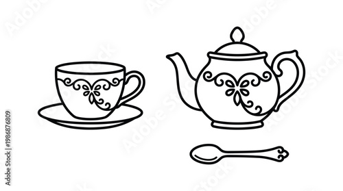Set of line art icons of a teacup on a saucer, teapot and a spoon.