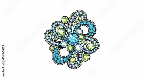 Ornate metallic brooch with swirling blue and green gemstones