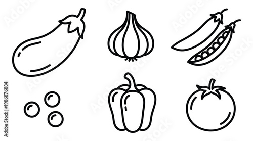 Vegetables line art: eggplant, garlic, peas, bell pepper, tomato.