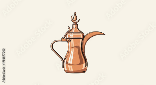 Ornate copper dallah coffee pot with crescent moon lid on plain background