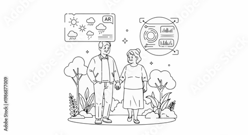 Older couple holding hands under AR weather display