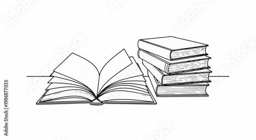 Open and stacked books drawn in a simple black and white line art style