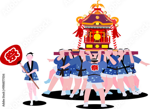 日本の夏祭り 神輿を担ぐ人々 ベクターイラスト（編集可能・レイヤー整理済・コピースペースあり）
