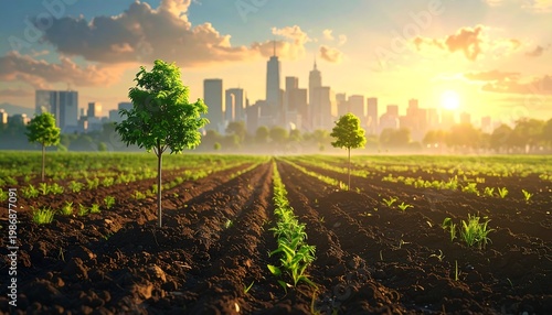 A field with young plants and trees, city skyline at sunset