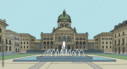 Ornate domed building with courtyard and fountain, digitally illustrated