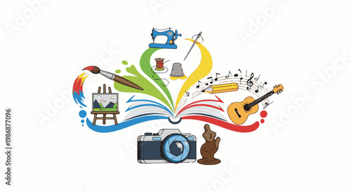 Open book with creative activities painting, sewing, music, photography, sculpture