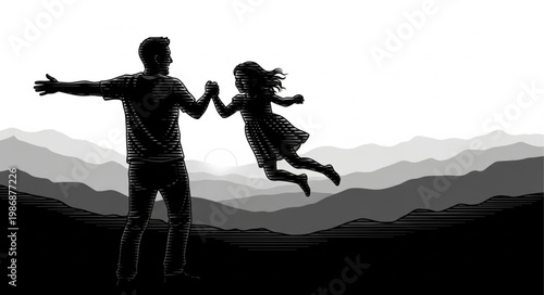 Father and Daughter Jumping Holding Hands Silhouette.